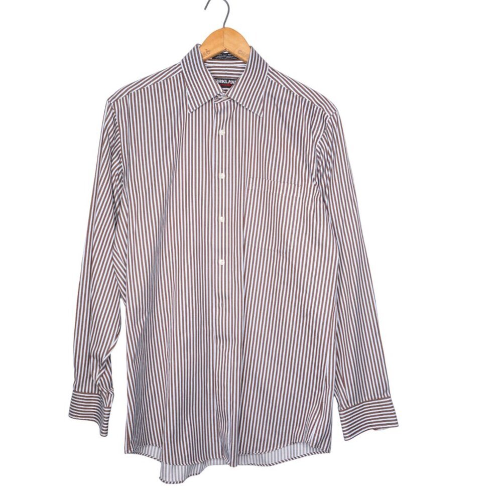 Kirkland Signature Non-Iron Dress Shirt | 100% Cotton Brown Blue Stripe16 //35